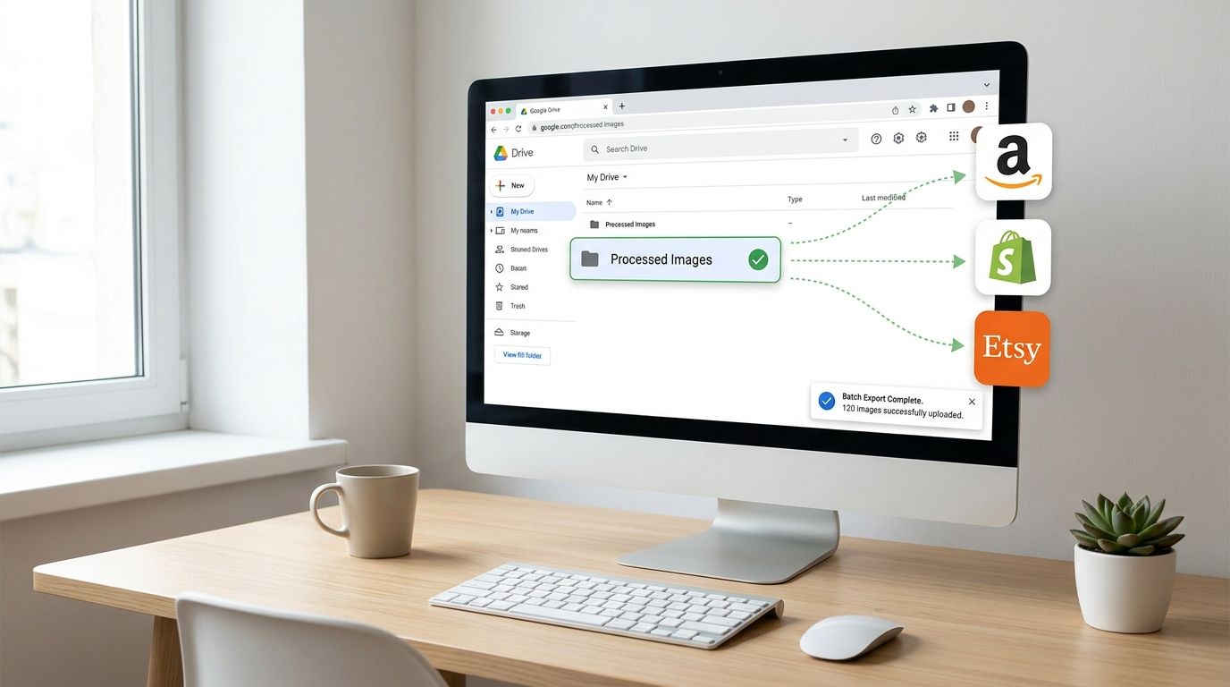 A desktop computer displaying a Google Drive folder being exported to Amazon, Shopify, and Etsy platforms.