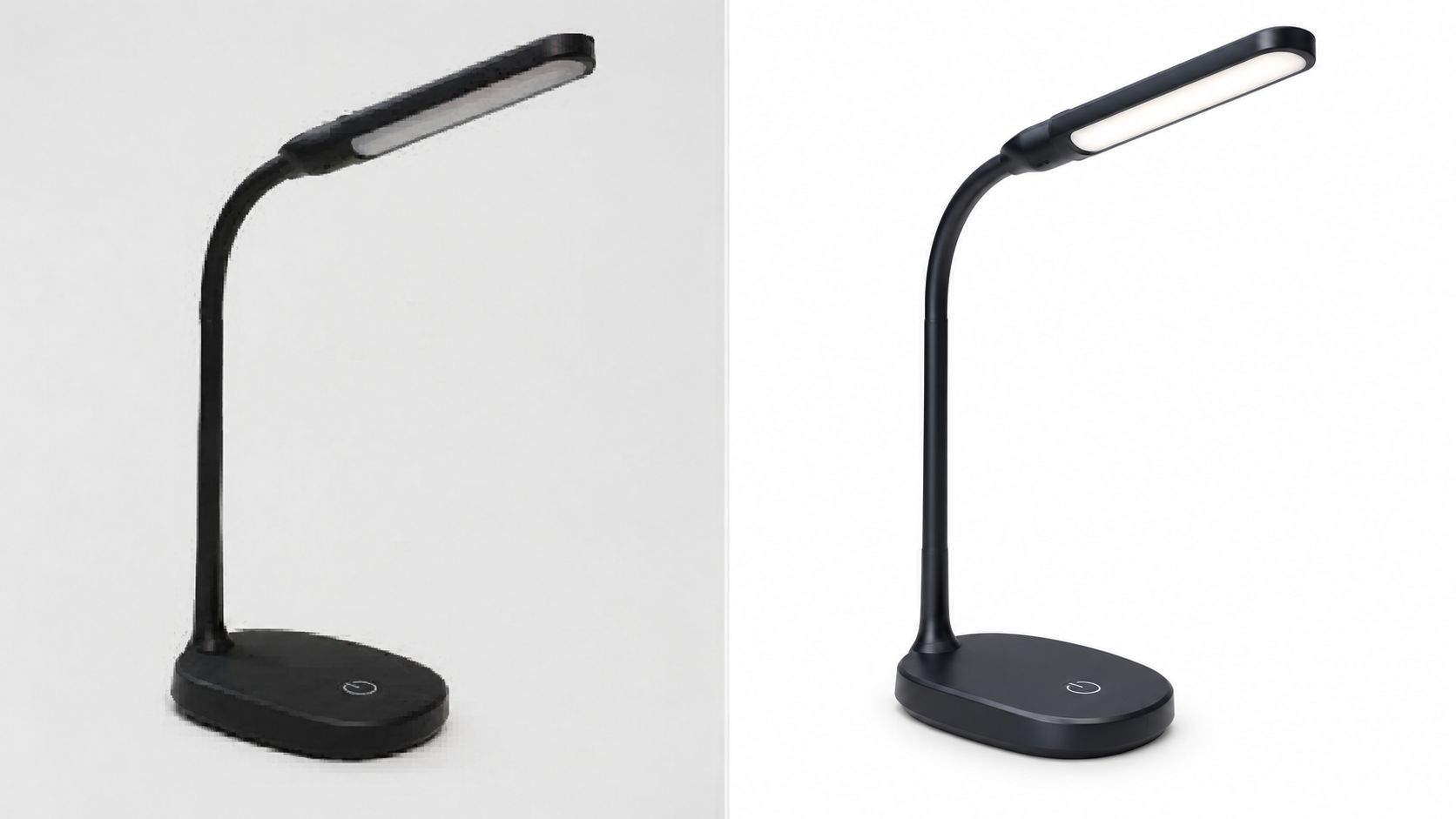 A side-by-side comparison showing a low-resolution pixelated desk lamp enhanced into a sharp, clear product photograph.