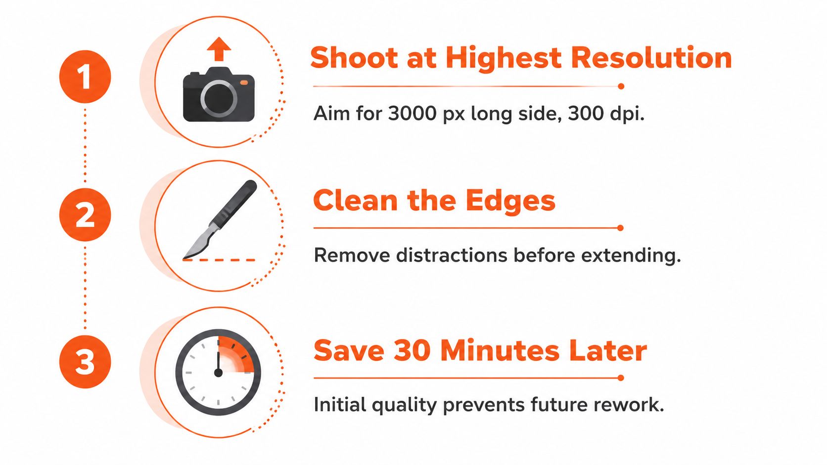 An infographic showing three steps to improve image quality: shoot at high resolution, clean edges, and save.
