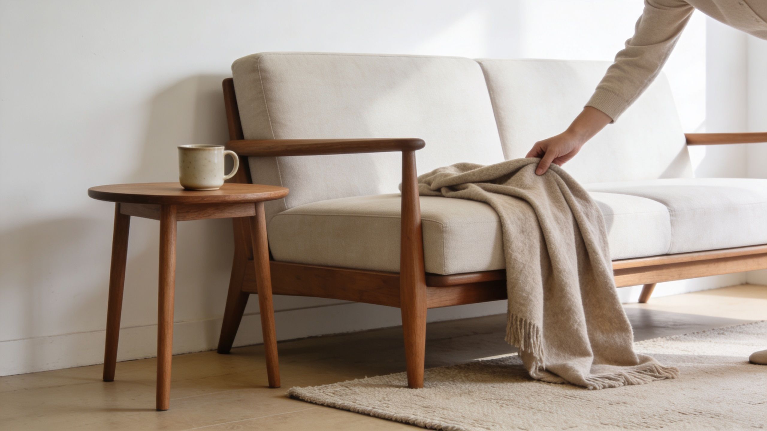 A person placing a beige throw blanket on a mid-century modern wooden sofa next to a table.