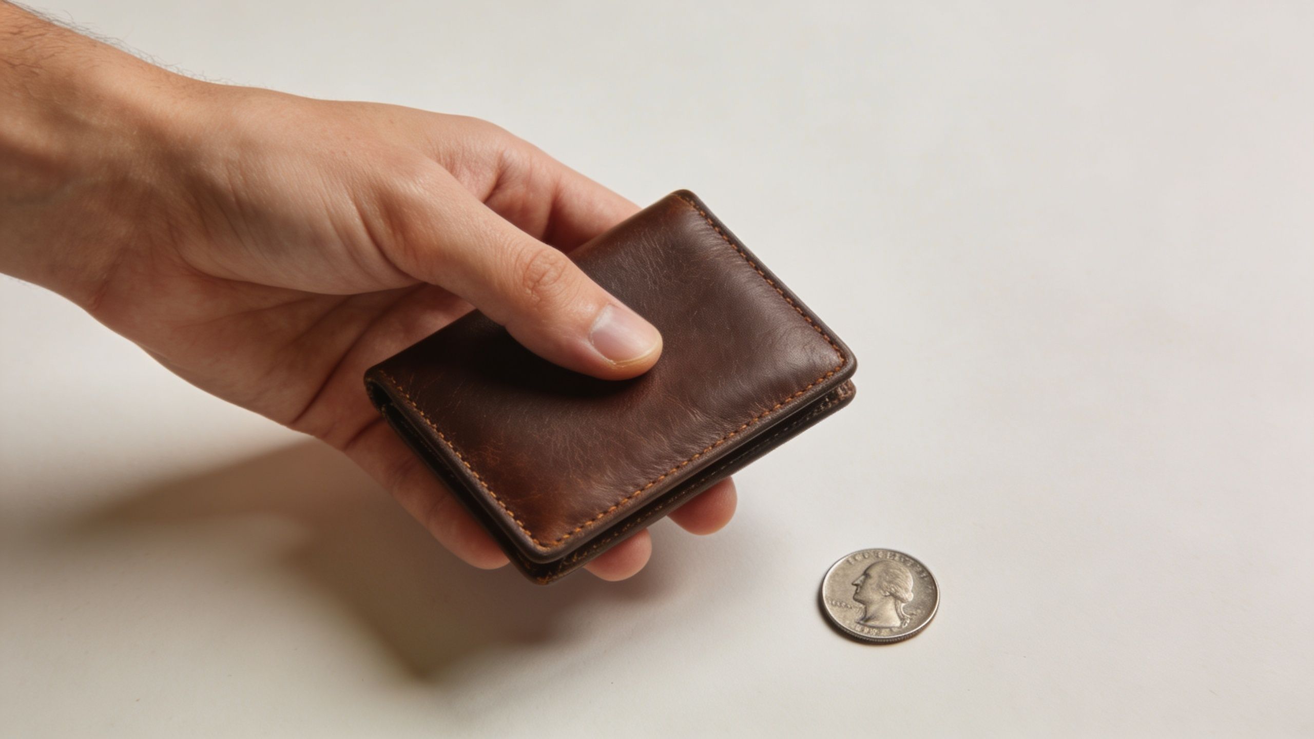 A hand holding a small brown leather wallet next to a US quarter coin for size comparison.
