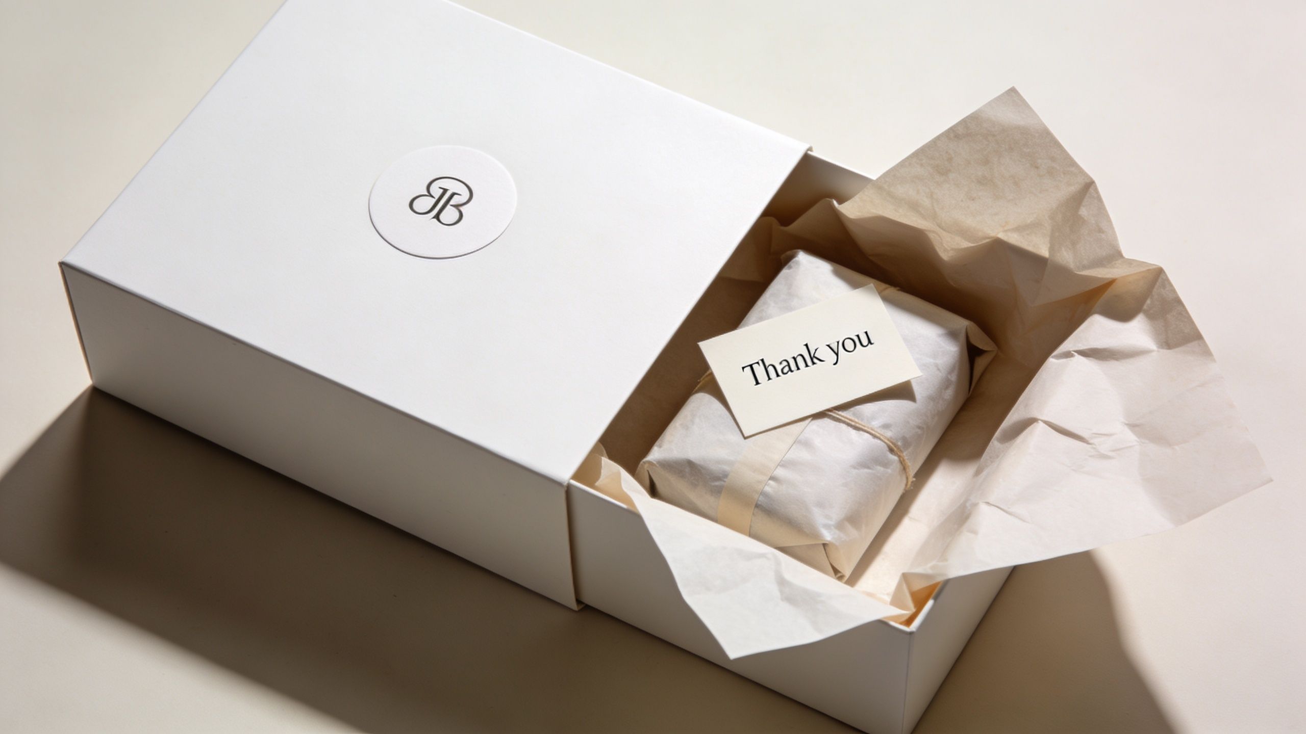 A white gift box with a logo containing a wrapped item and a thank you note.