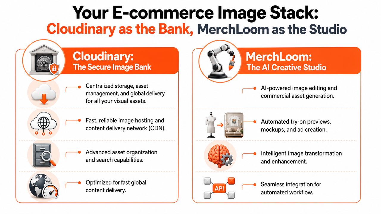 A comparison chart showing Cloudinary as a secure image bank and MerchLoom as an AI creative studio.