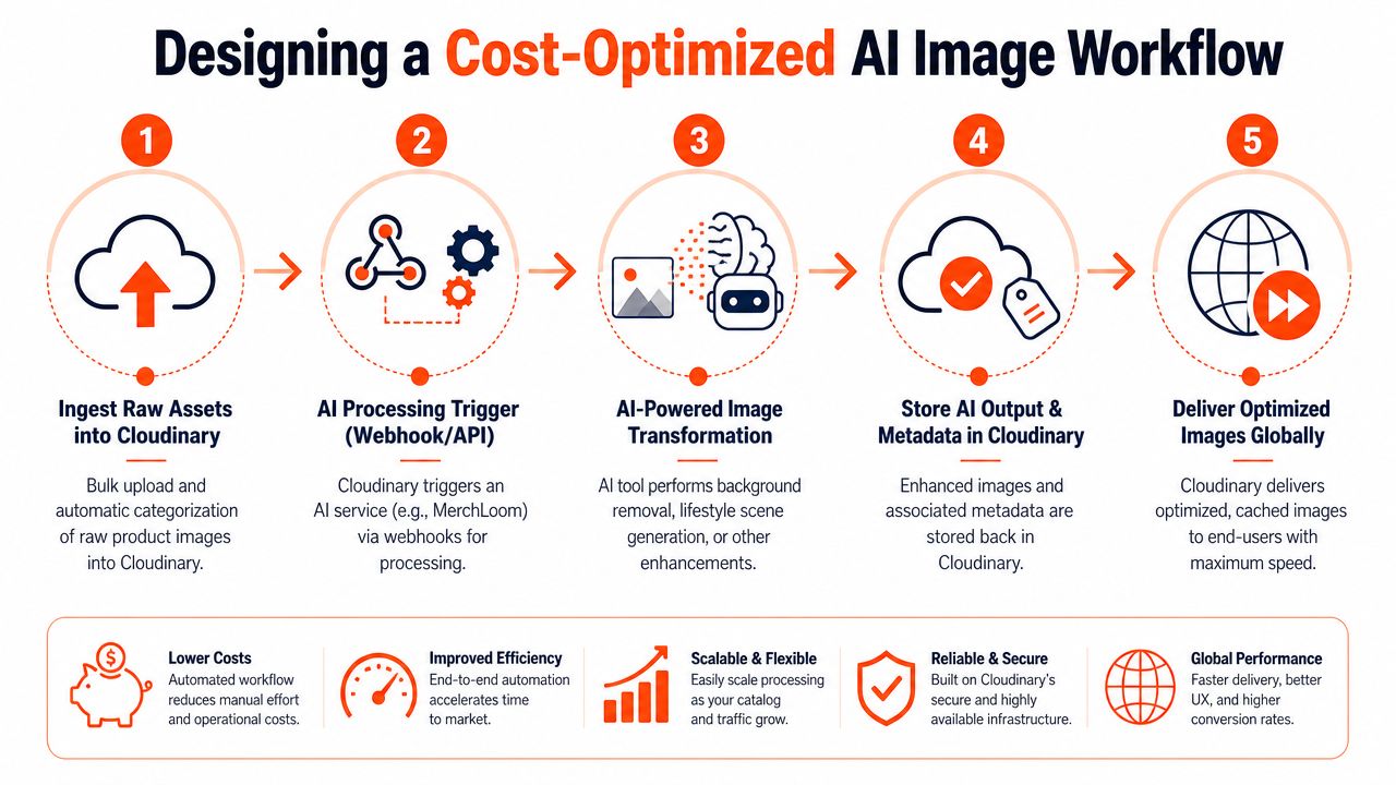 A diagram illustrating a five-step cost-optimized AI image workflow for processing and delivering assets using Cloudinary.