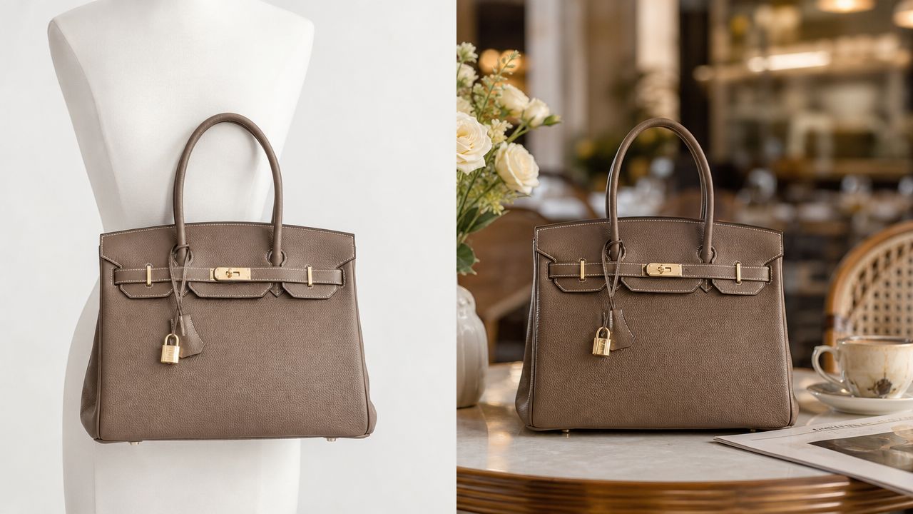 A luxurious brown leather Birkin style handbag displayed on a mannequin and on a marble table.