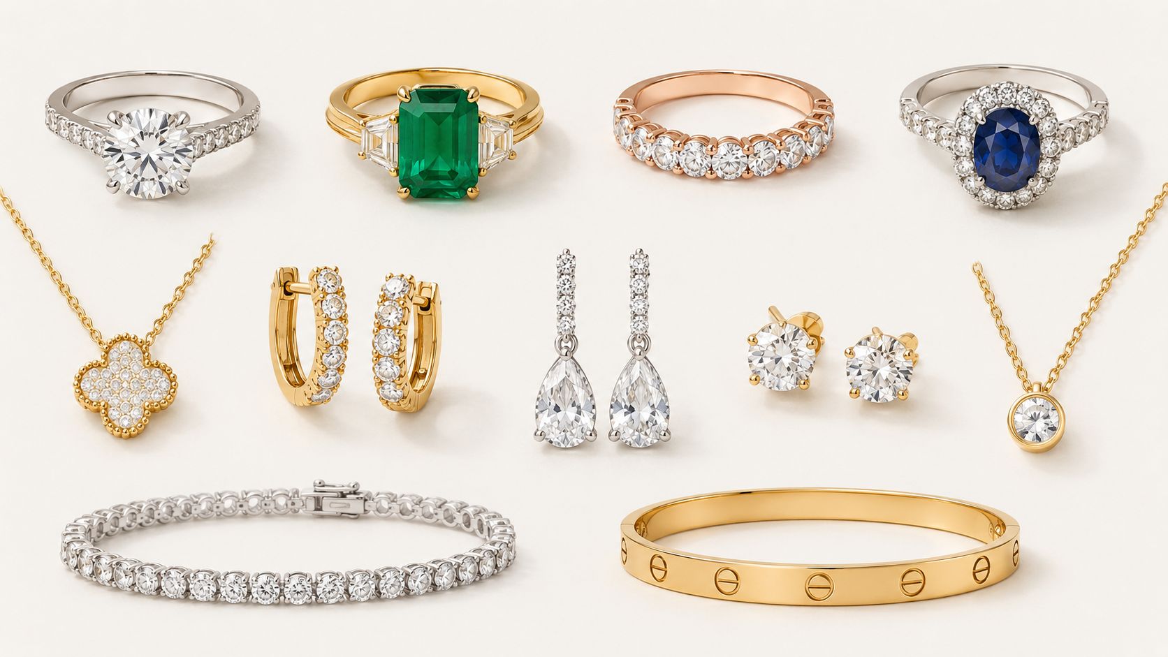A curated collection of luxury fine jewelry, including diamond rings, necklaces, earrings, and bracelets on a neutral background.