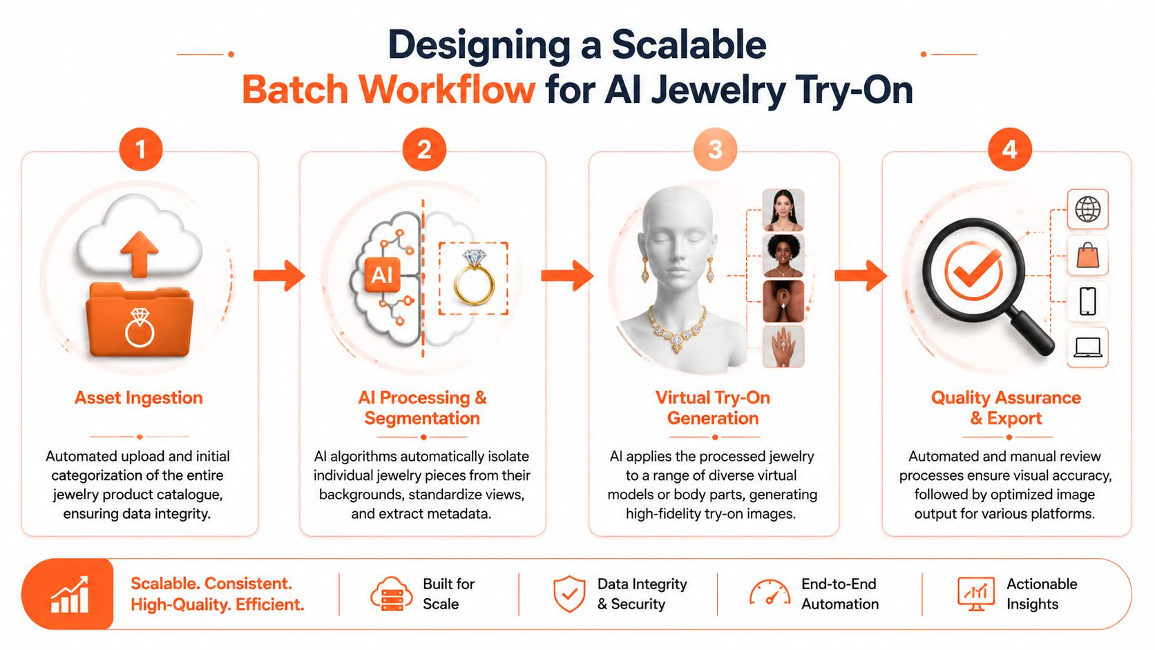 A diagram illustrating a four-step scalable batch workflow for AI-powered virtual jewelry try-on technology.