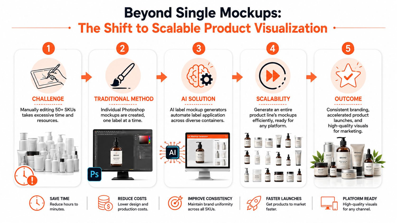 A five-step infographic showing how AI label mockup generators improve product visualization and efficiency over traditional design methods.