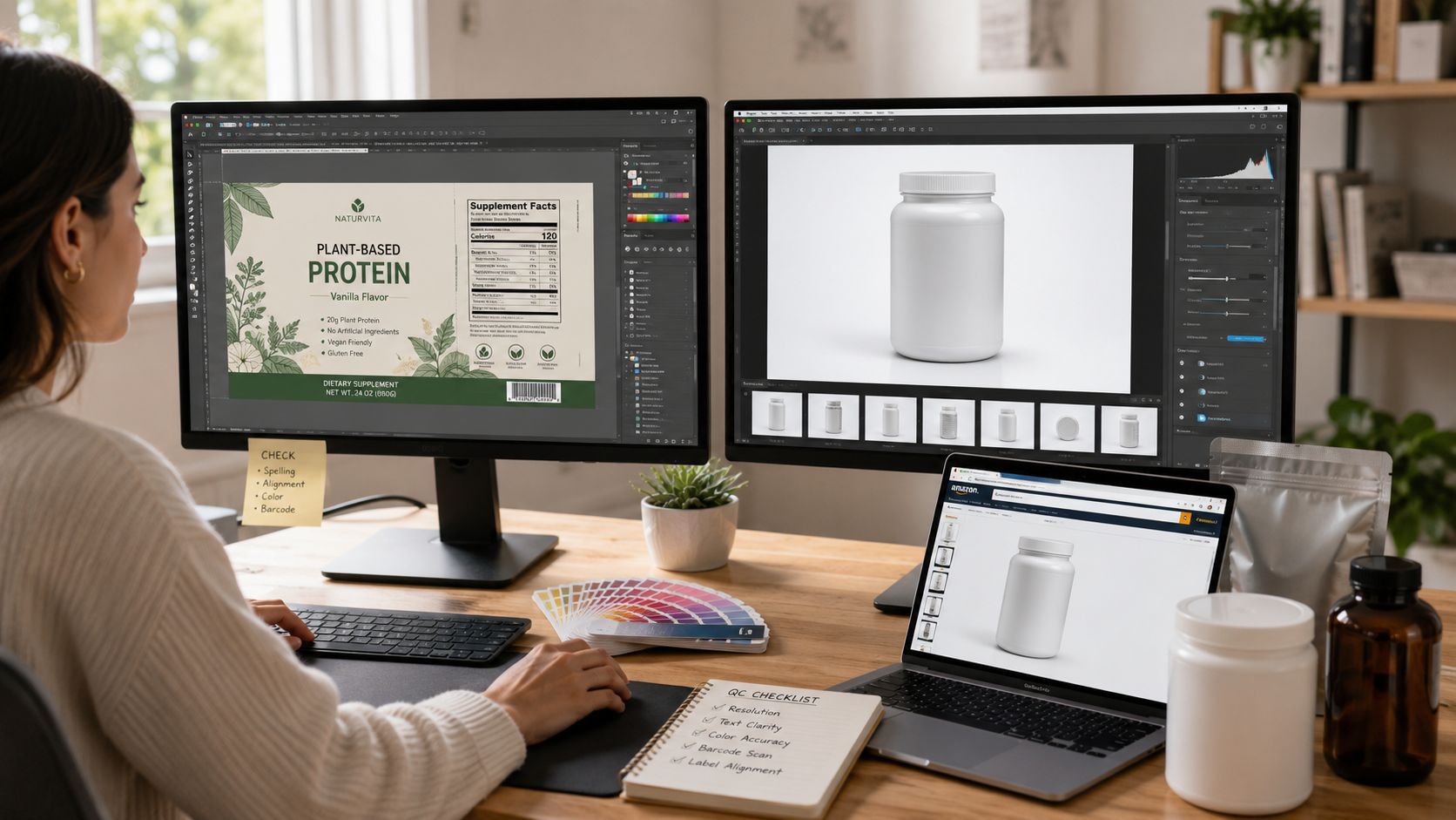 A professional designer working on a plant-based protein supplement label mockup using multiple computer screens.
