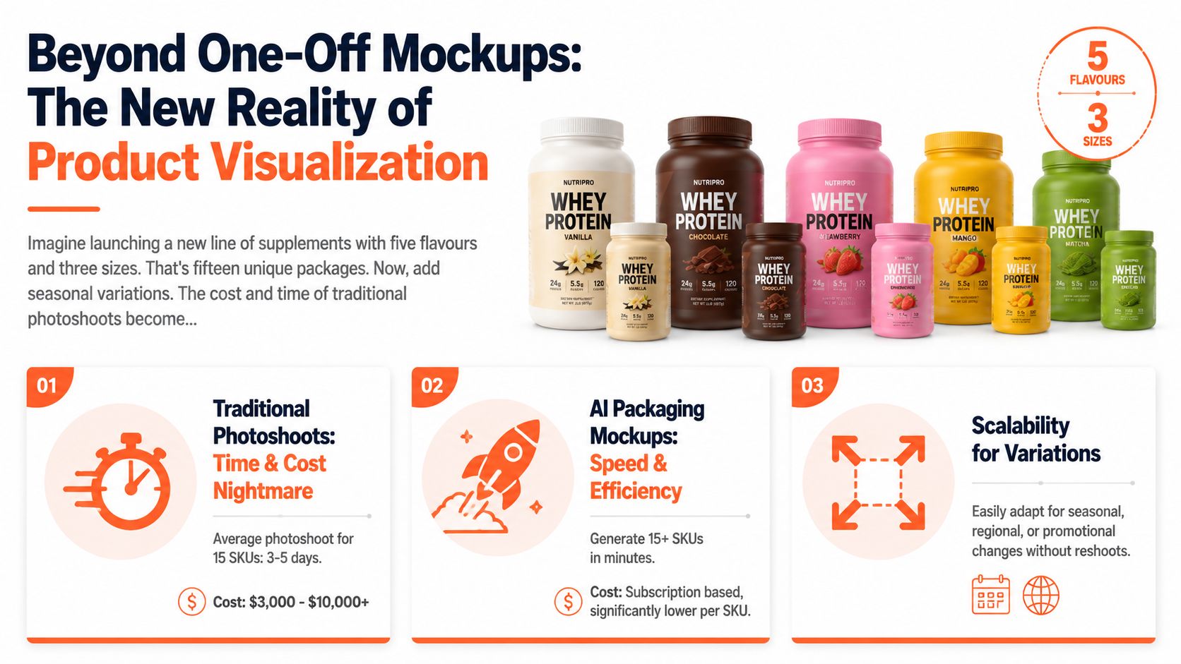 An infographic comparing traditional photography to AI packaging mockups for whey protein supplement branding and marketing.