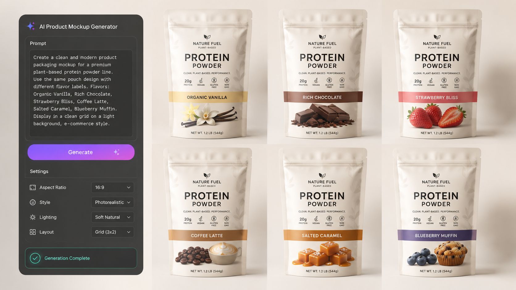 A digital AI packaging mockup generator interface displaying six different flavored protein powder pouches in a grid.