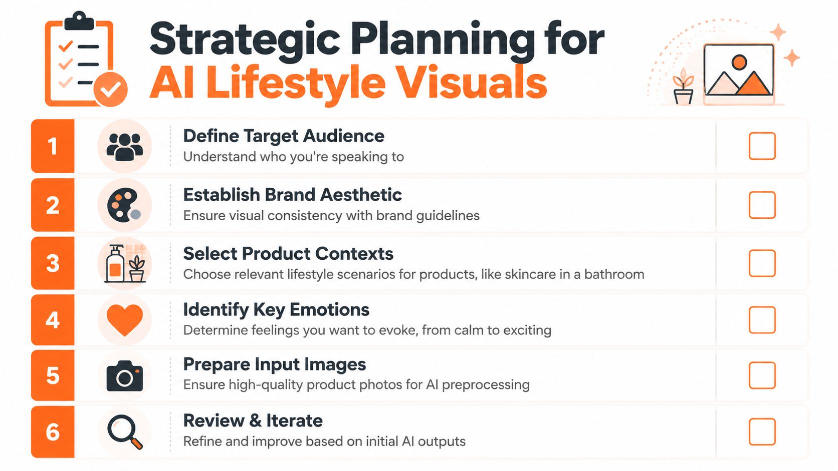 A six-step infographic on strategic planning for creating AI lifestyle visuals for product marketing and branding.