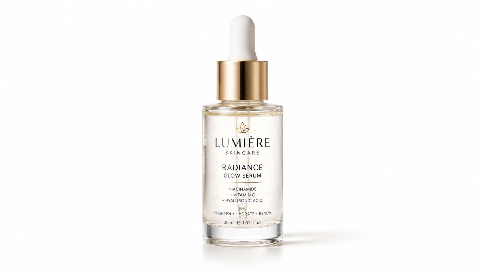 A luxurious bottle of Lumiere Skincare Radiance Glow Serum on a clean white background.