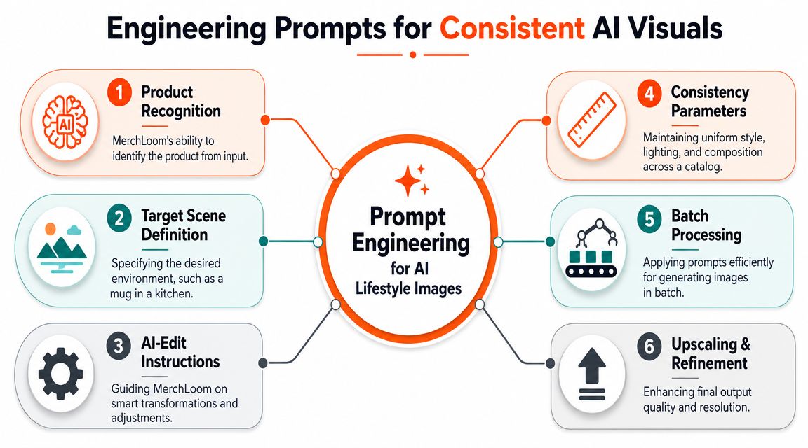 A diagram outlining the six key steps of prompt engineering for consistent AI lifestyle product images.
