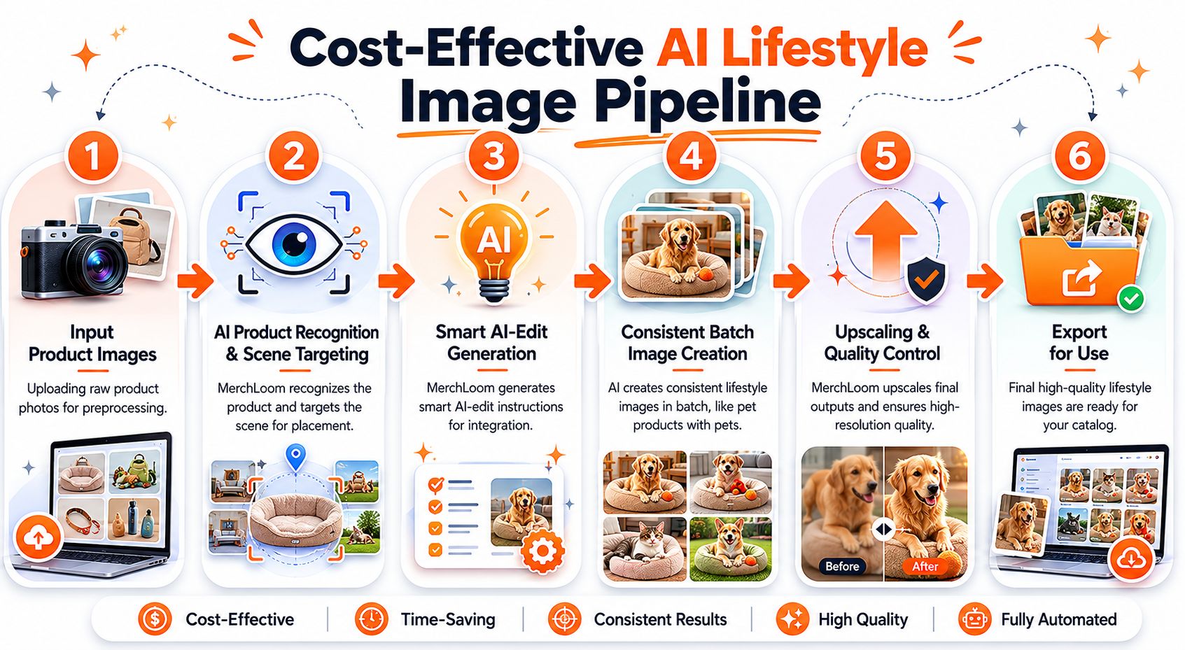 A six-step infographic showing the automated process of converting product images into high-quality lifestyle marketing content.