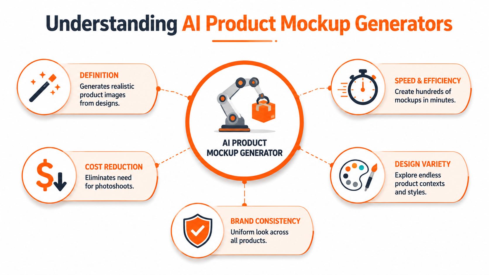 A diagram illustrating the benefits of using an AI product mockup generator, including efficiency, variety, and cost reduction.