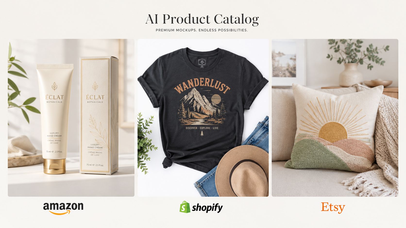 A product catalog showcasing various AI-generated mockups for Amazon, Shopify, and Etsy e-commerce stores.