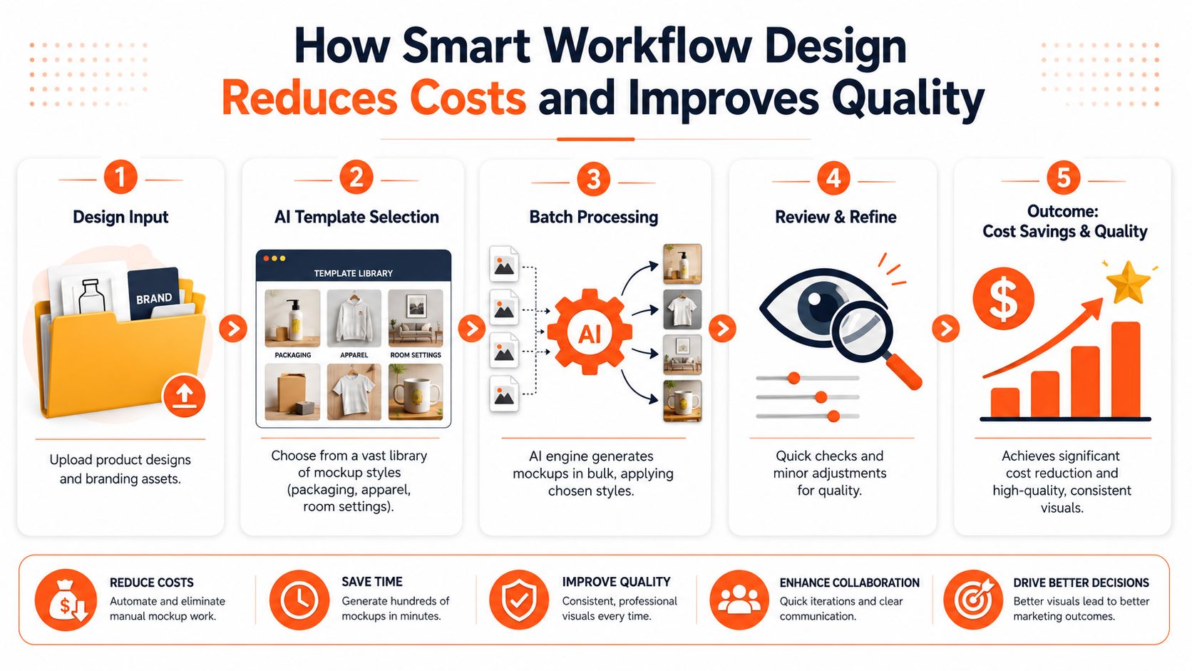 A five-step infographic showing how smart workflow design using AI reduces costs and improves product visual quality.