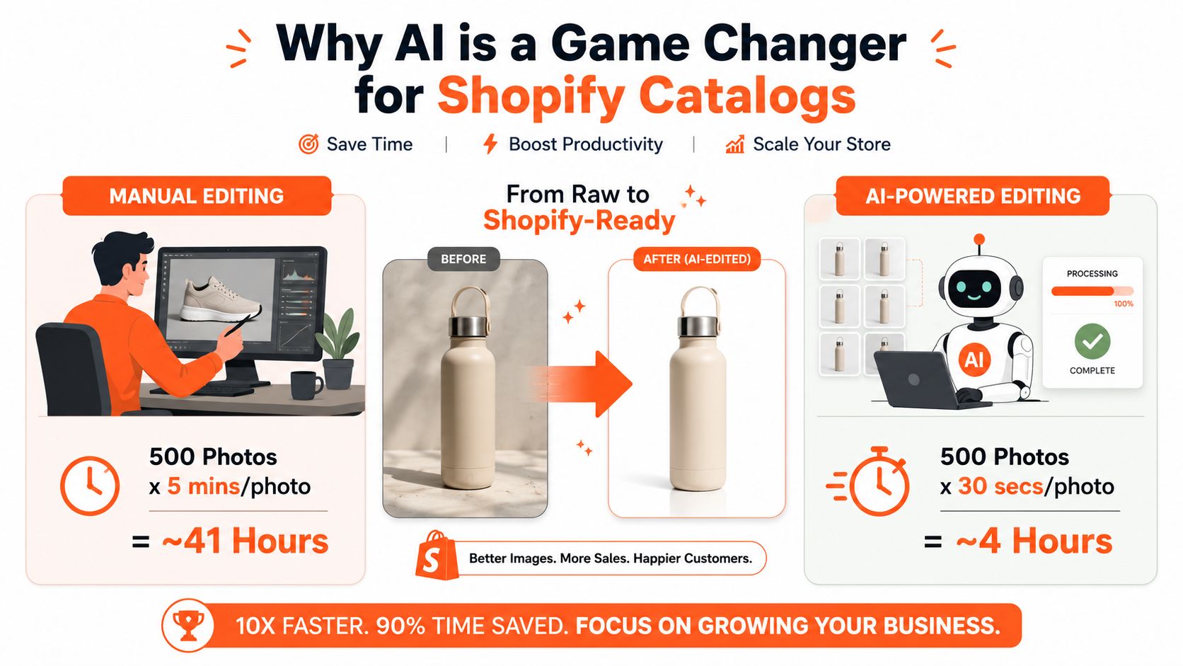 A graphic comparing time efficiency between manual photo editing and AI-powered product photography for Shopify stores.