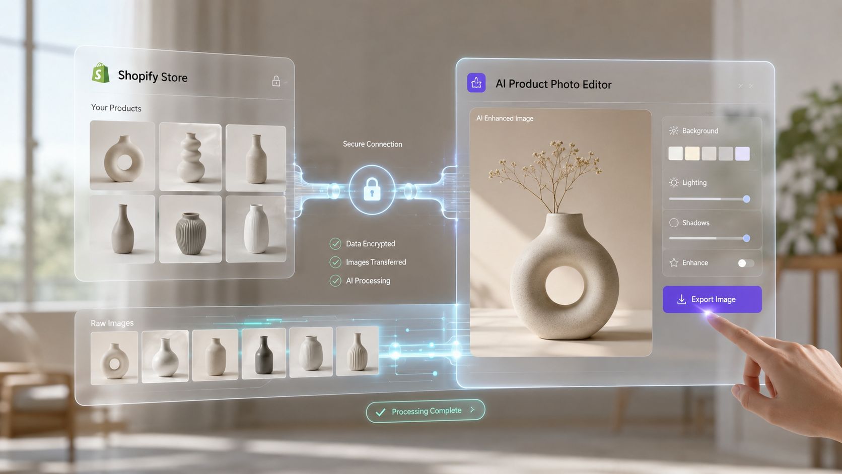 A digital interface showcasing an AI product photo editor tool integrated with a Shopify store platform.