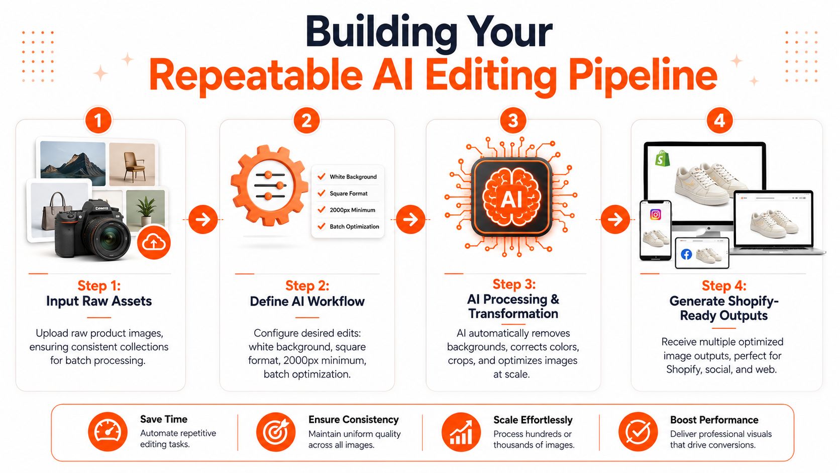 A four-step infographic illustrating an automated AI-powered editing pipeline for product photography and e-commerce optimization.