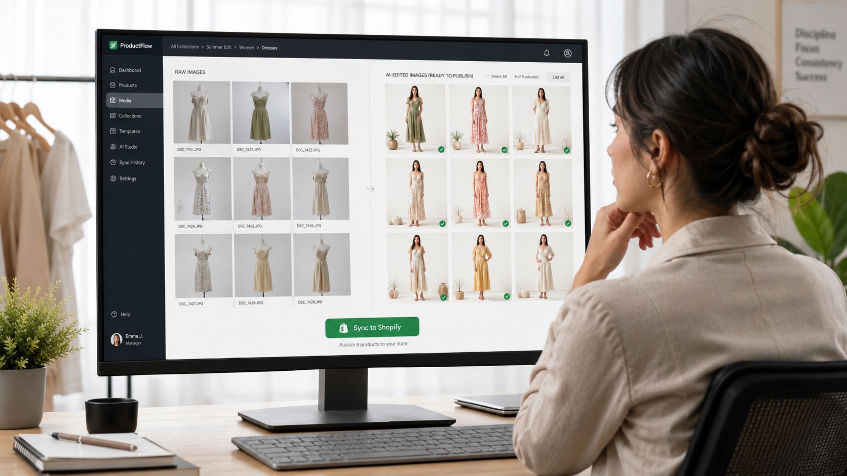 A woman reviewing AI-edited product images of dresses on a computer screen for a Shopify store.
