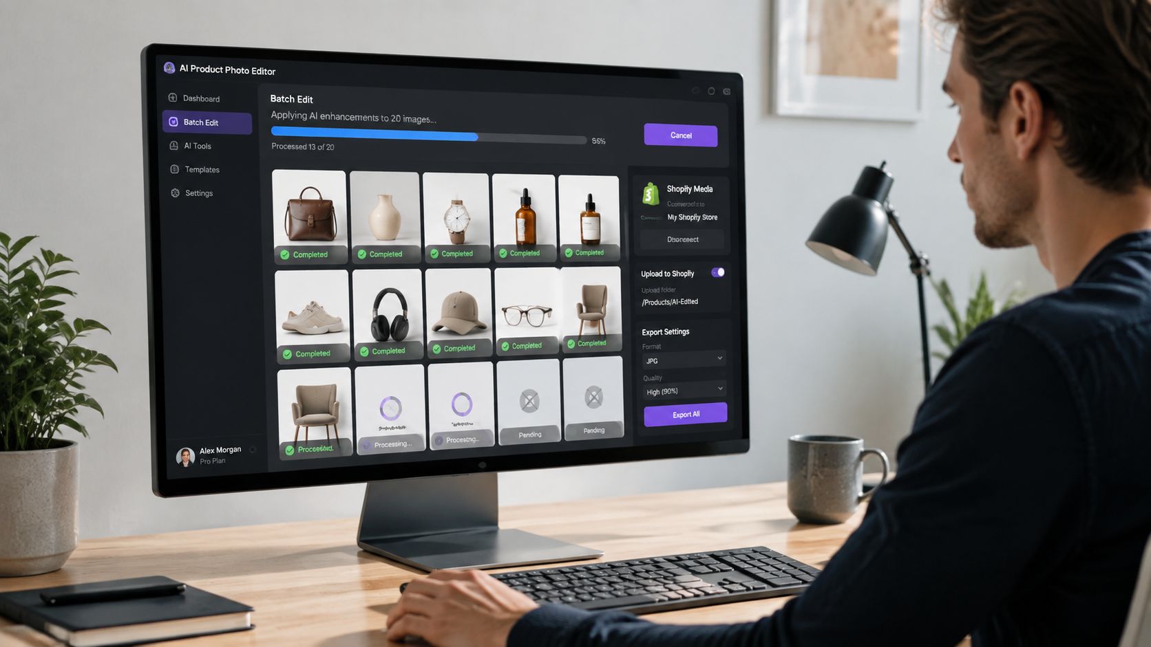 A professional designer using an AI product photo editor interface on a large computer monitor in an office.