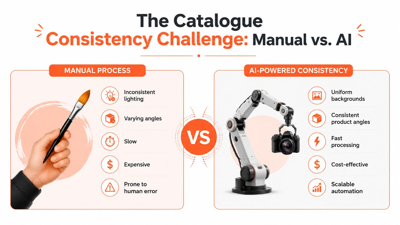 A comparison infographic showing manual photography challenges versus the benefits of automated AI product photography.