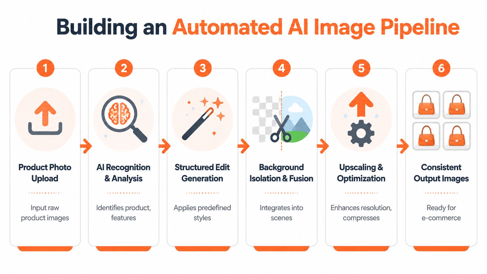 A six-step infographic showing an automated AI image pipeline for processing e-commerce product photos.