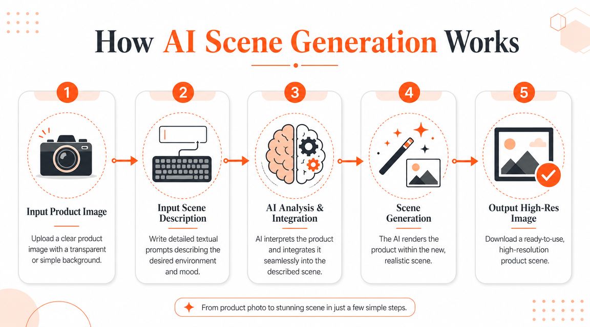 A five-step infographic explaining how AI scene generation works from product image upload to final rendering.