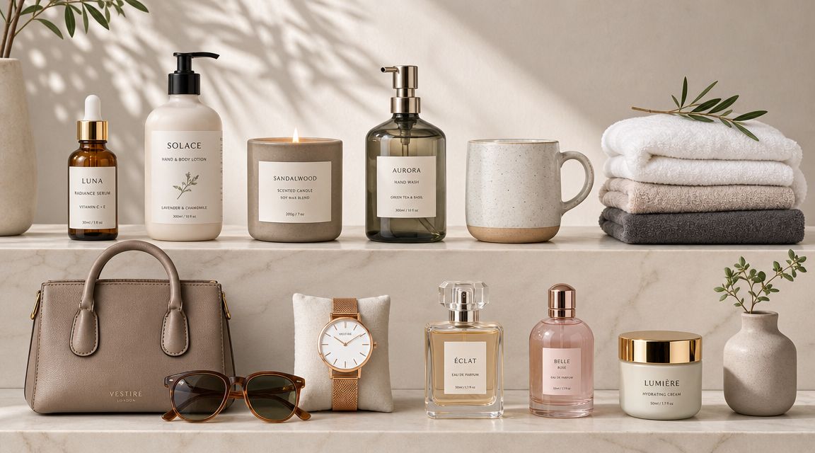 A luxurious collection of beauty products, accessories, and home decor arranged on a marble shelf in soft lighting.