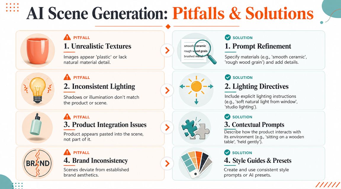 An infographic titled AI Scene Generation Pitfalls and Solutions, detailing common challenges and fixes for AI imagery.
