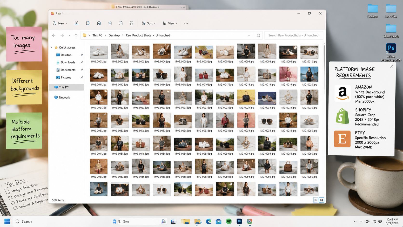 A computer screen showing a folder of raw product photos and an image editing task checklist.