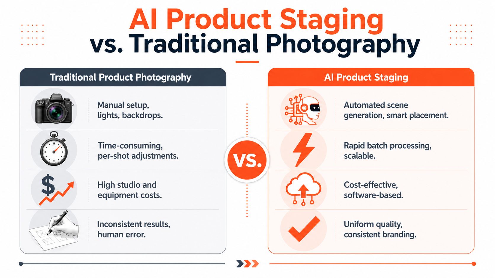 A comparison infographic showing the differences between traditional product photography and automated AI product staging technology.