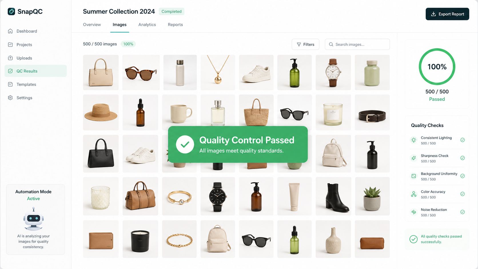 A screenshot of an AI-powered quality control dashboard displaying a collection of processed product photography images.