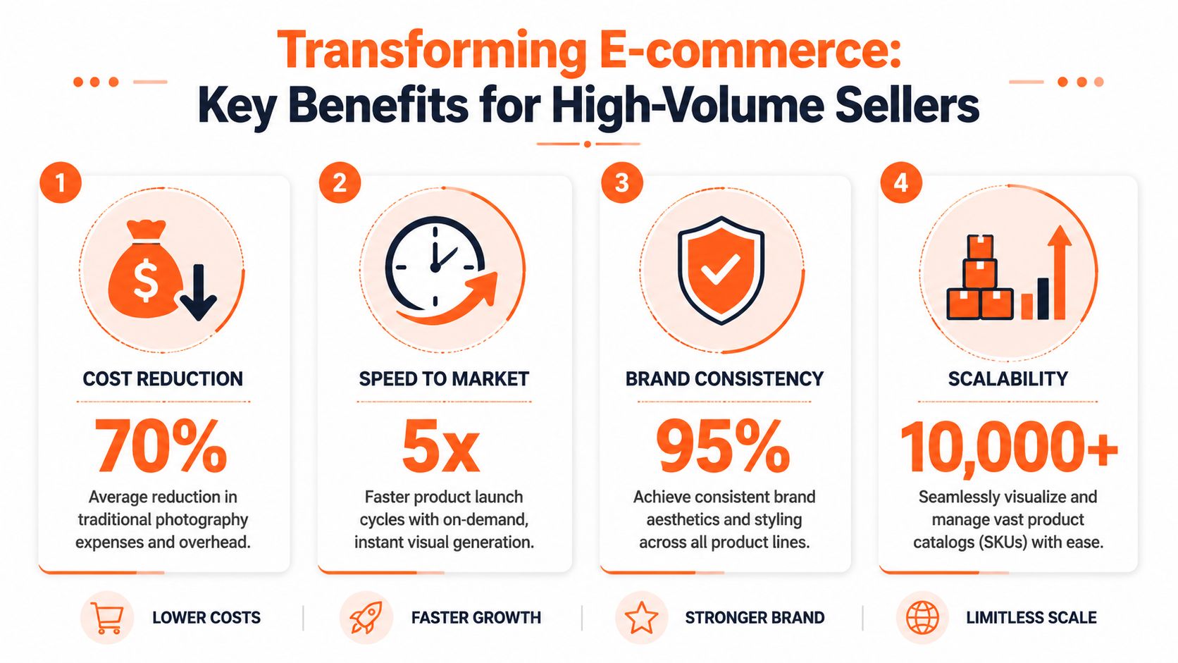 An infographic showing four key benefits of AI product visualization for high-volume e-commerce sellers, including cost, speed, branding, and scalability.