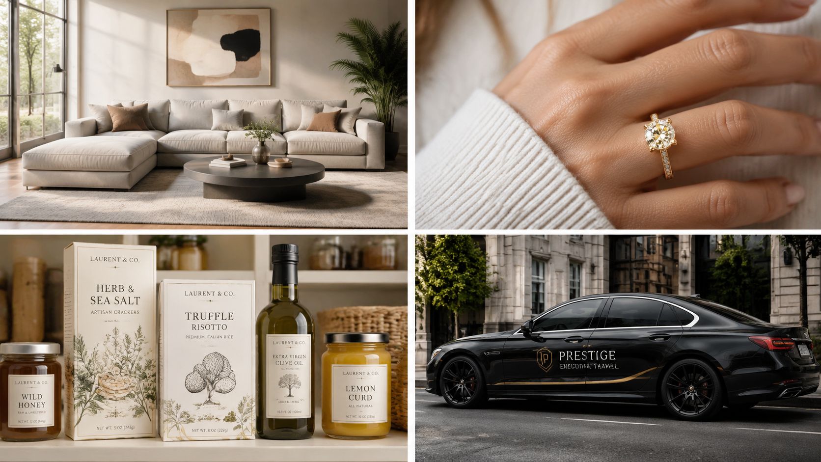 A four-part collage featuring a modern living room, a diamond ring, gourmet food products, and a luxury car.