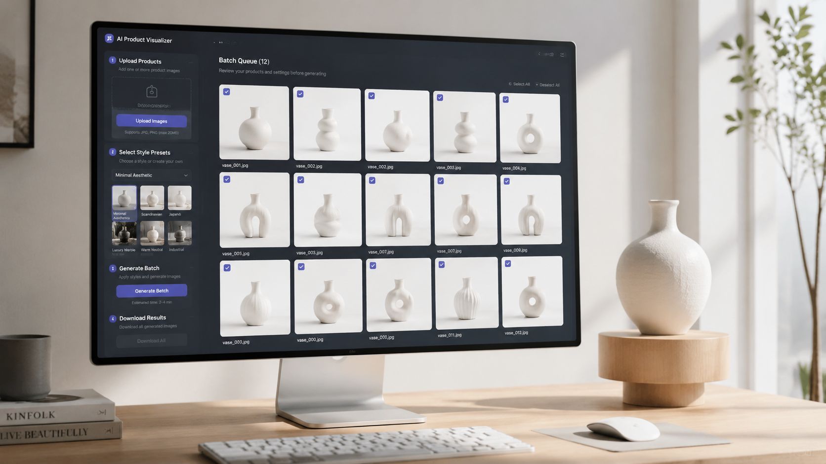 A computer monitor displaying an AI product visualizer interface showing a batch queue of ceramic vase images.