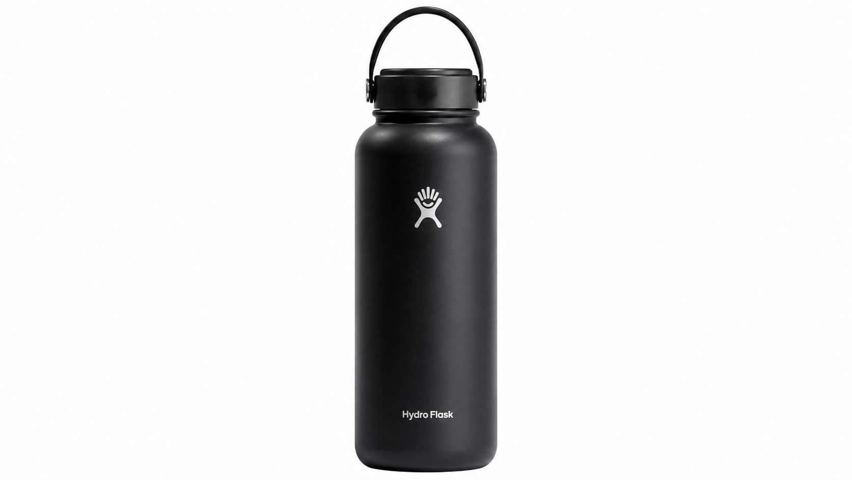 A matte black Hydro Flask water bottle with a silver logo and a sturdy carrying handle.