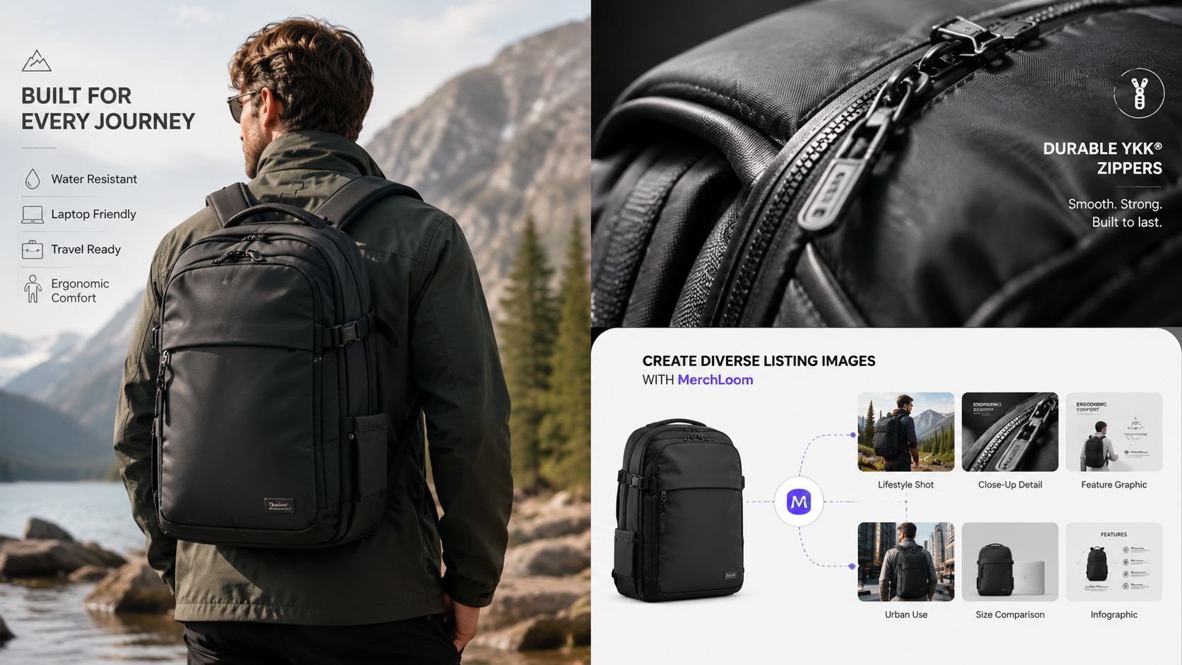 A marketing graphic demonstrating how to create professional backpack listing images using MerchLoom software services.