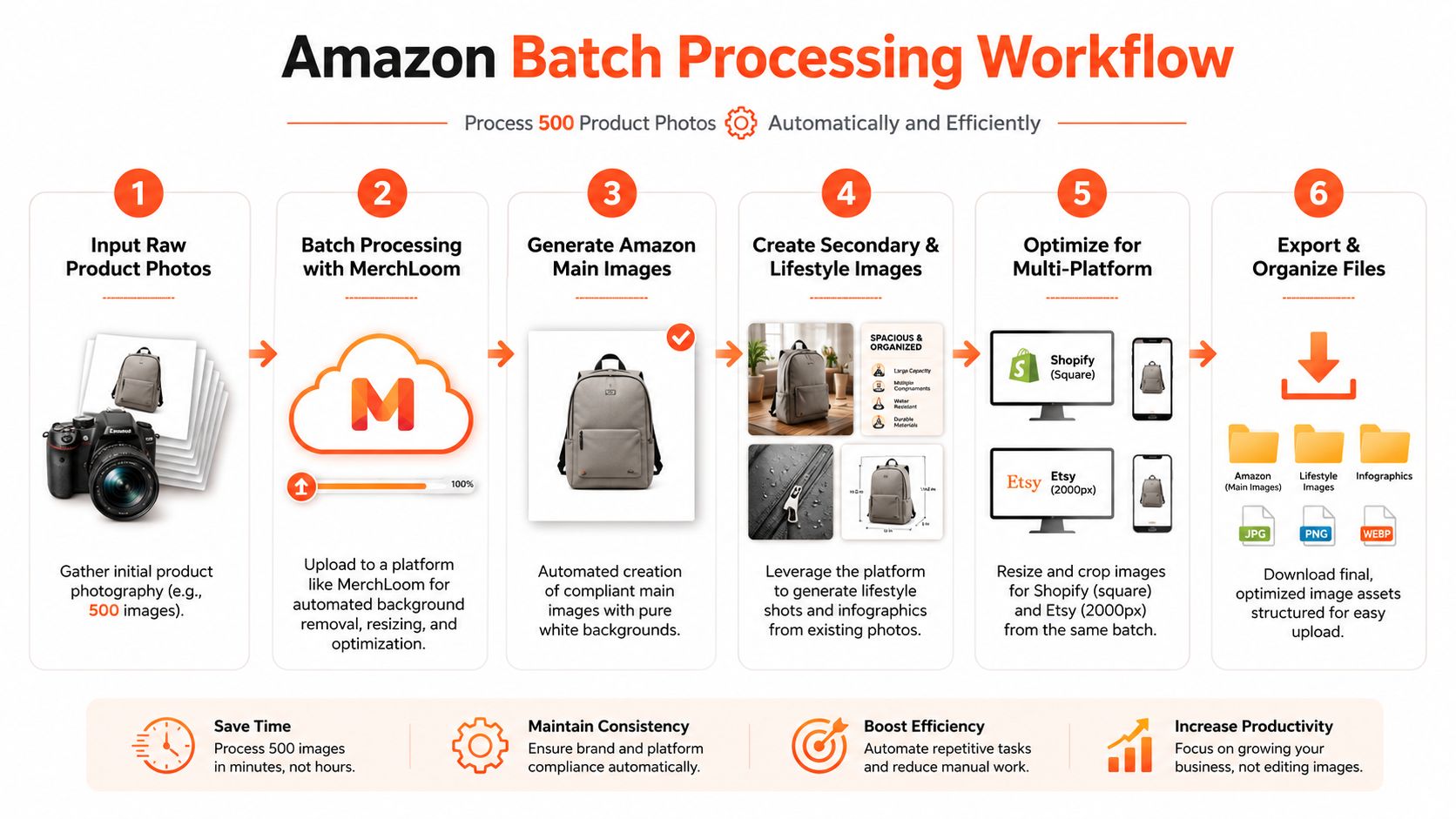 A workflow diagram illustrating the six-step automated batch processing process for creating Amazon product listing images.