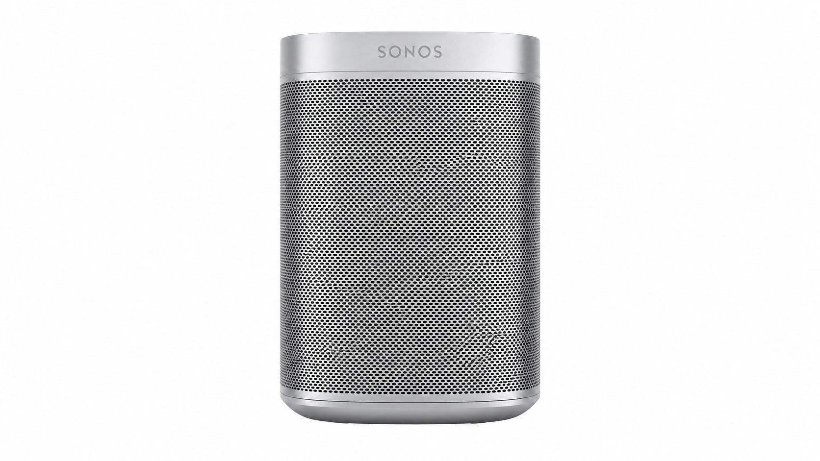 Front view of a silver Sonos smart speaker isolated on a clean white studio background.