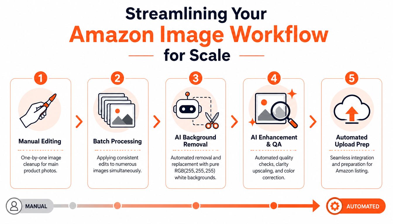 A five-step infographic showing the streamlined workflow for processing Amazon product images from manual to automated.