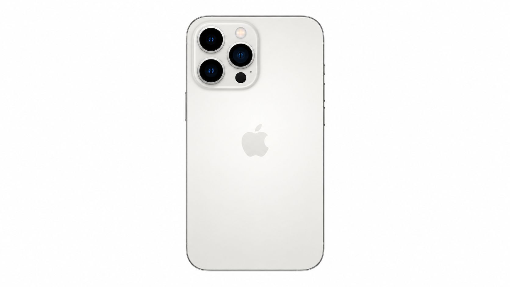 A back view of a white Apple iPhone featuring a triple camera system and central logo.