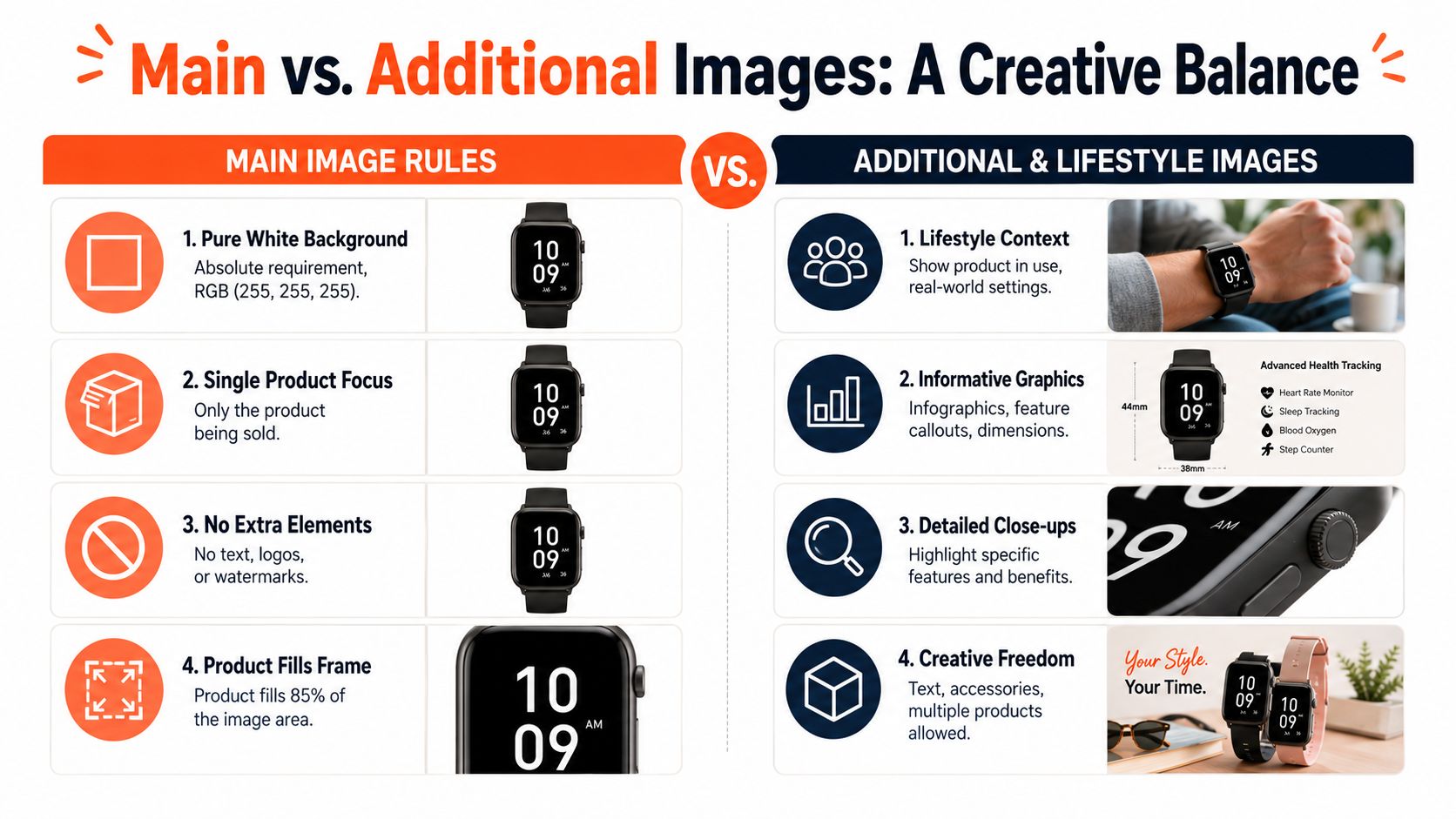 An infographic comparing guidelines for main product images versus additional lifestyle images for e-commerce listings.