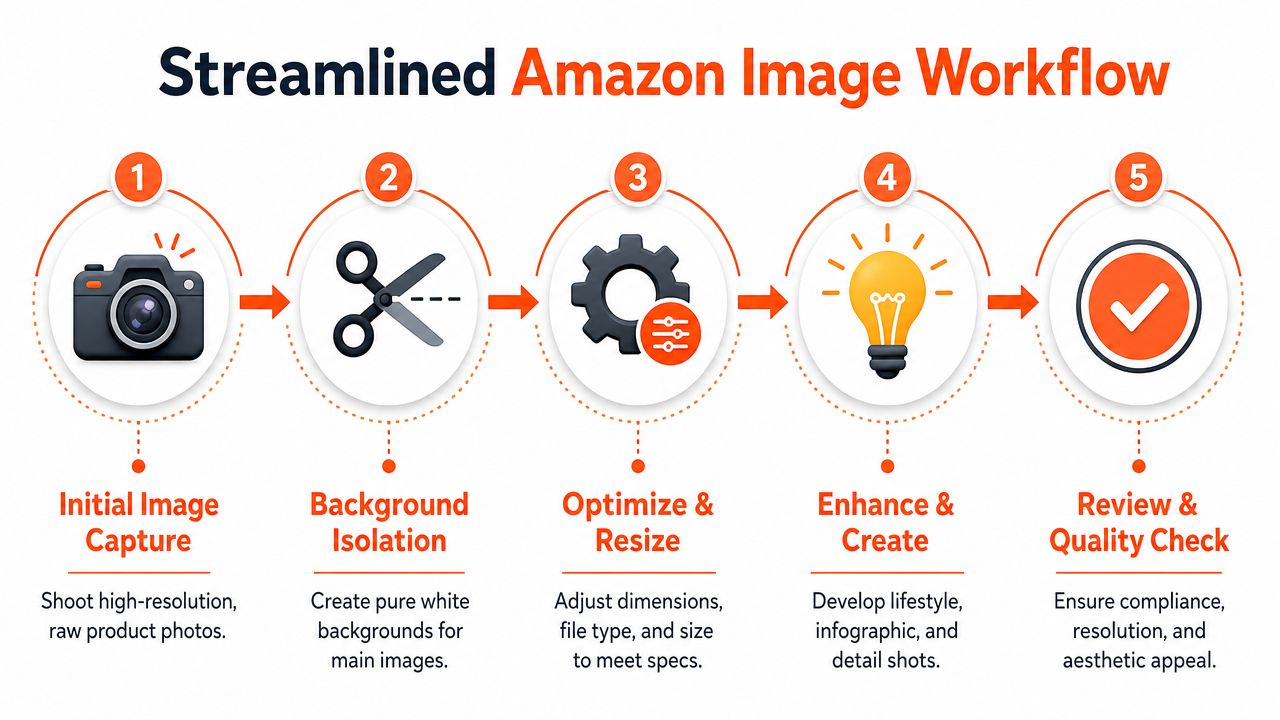 A five-step flowchart illustrating a professional and streamlined workflow for creating optimized Amazon product images.