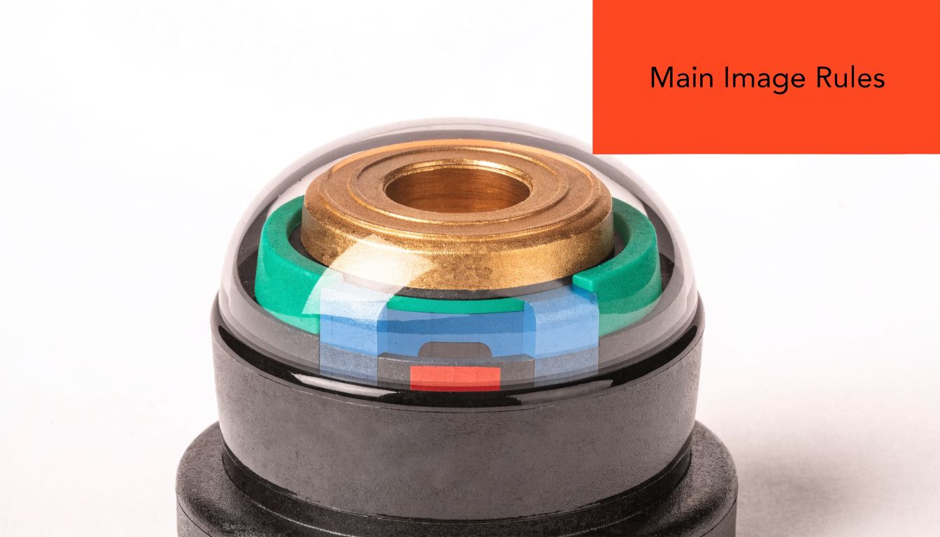 A close-up of a mechanical dome component featuring metallic, green, and blue rings on a white background.