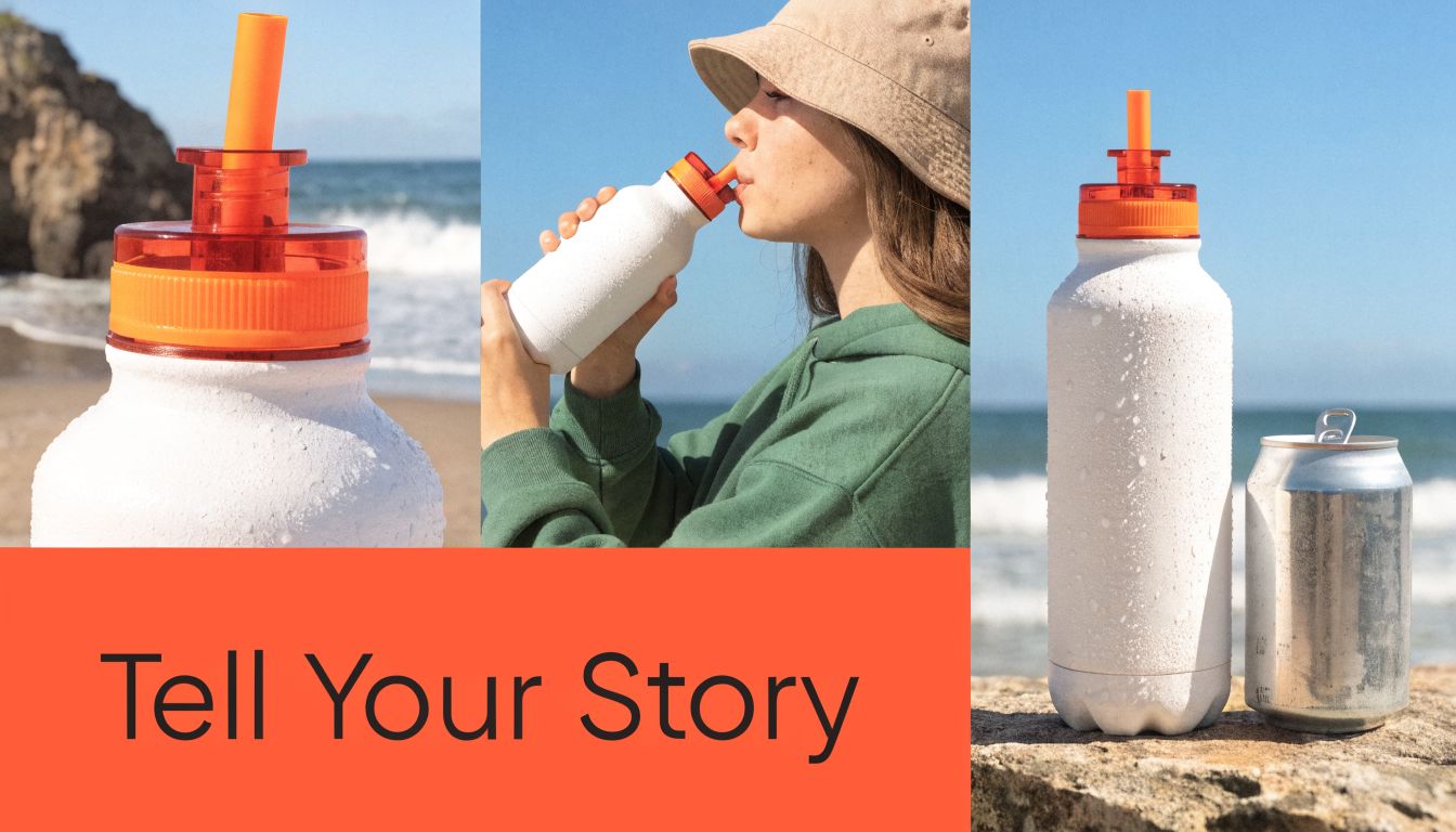 A collage showing a person drinking from a white insulated water bottle with an orange straw.