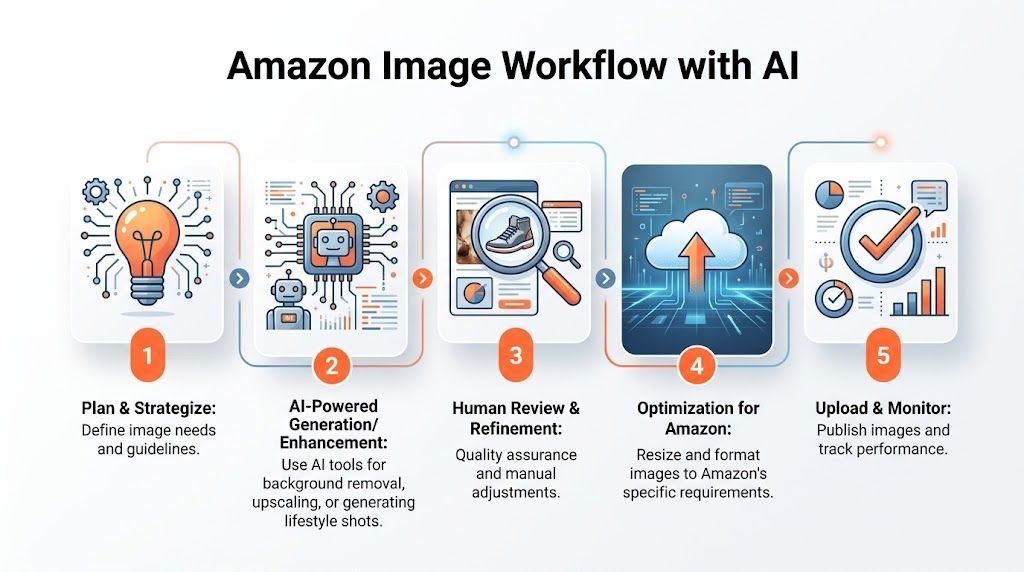 A five-step workflow diagram illustrating the process of using AI to create and optimize Amazon product images.