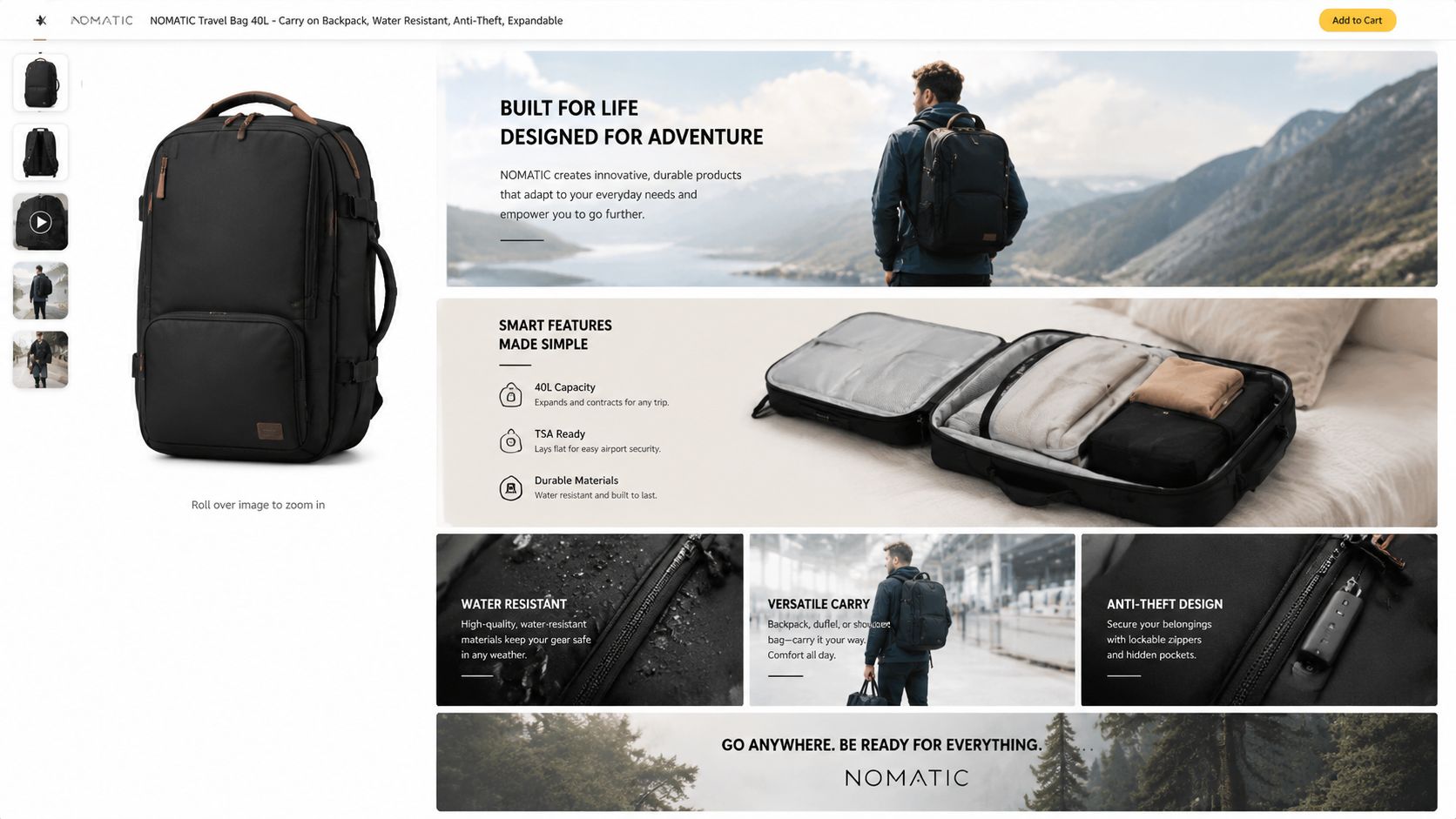 A Nomatic 40L travel backpack showcasing its water-resistant, anti-theft, and versatile features for travelers and adventurers.